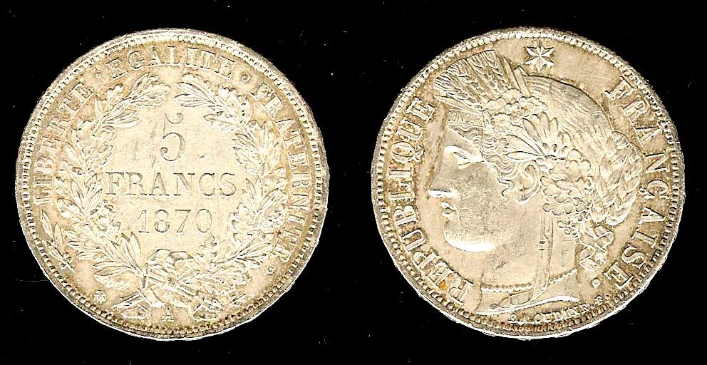 5 francs Cérès, avec légende 1870 Paris SUP+ à SPL